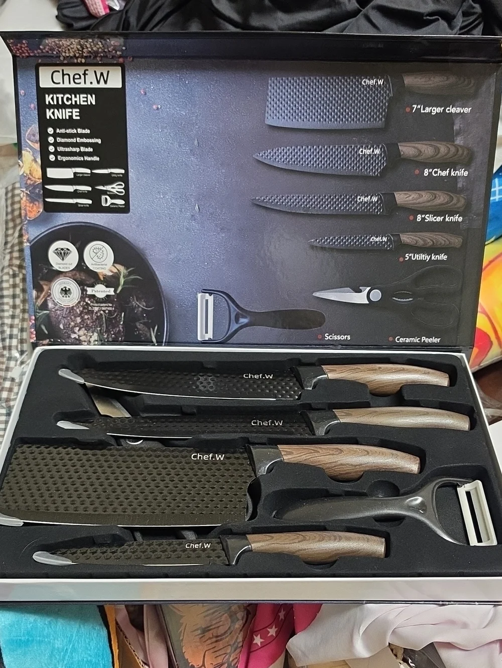 Nwt Chef.W 7-Piece Kitchen Knife Set with Wood-Effect Handles - Black Blades